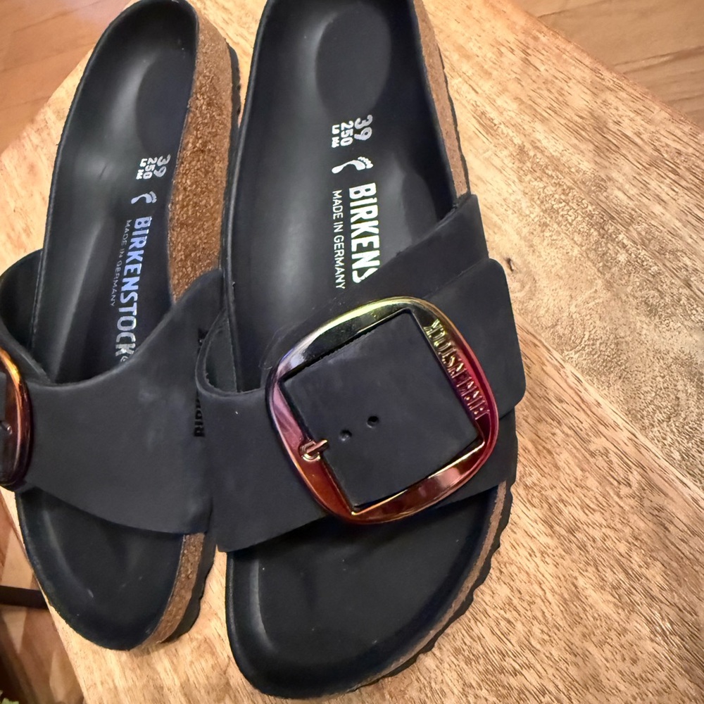 Birkenstock Black Madrid Slide Sandals with Iridescent Buckle